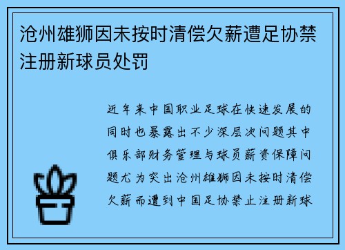 沧州雄狮因未按时清偿欠薪遭足协禁注册新球员处罚